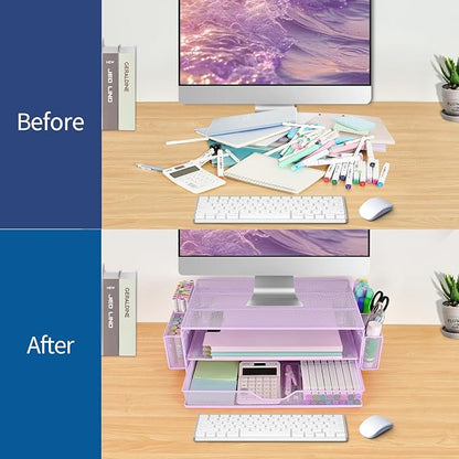 AUPSEN Computer Monitor Stands Riser，2-Tier Desk Organizers and Accessories, Office Desk Accessories Organizer with Drawers and 2 Pen Holder for Office Supplies (Purple)