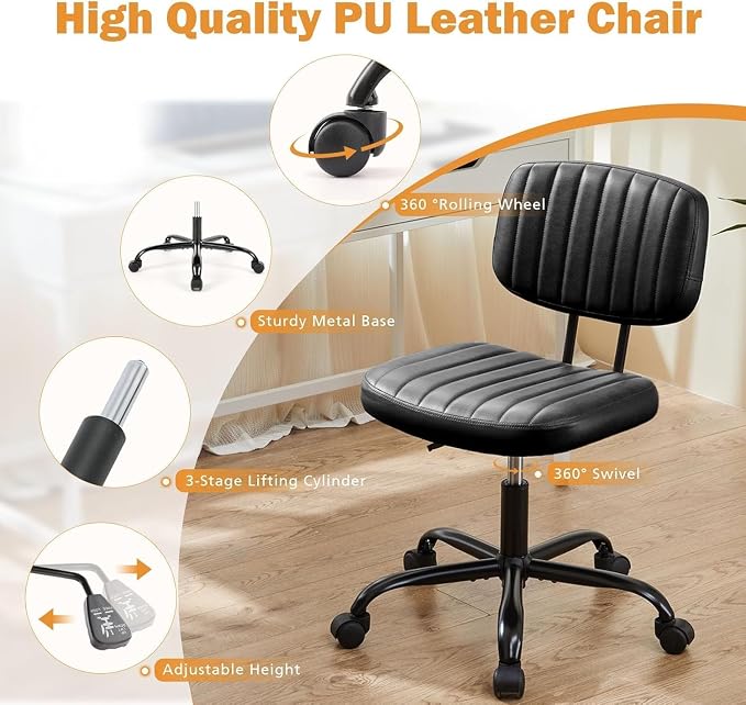YSSOA Small Desk Chair with Wheels, Armless Office Chair No Arms, Comfy PU Leather Computer Task Chair Swivel Rolling Chairs for Small Space, Home, Adults, Students, Brown