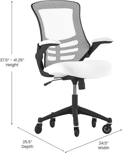 Flash Furniture Kelista Mid-Back White Mesh Swivel Ergonomic Task Office Chair with Flip-Up Arms and Transparent Roller Wheels