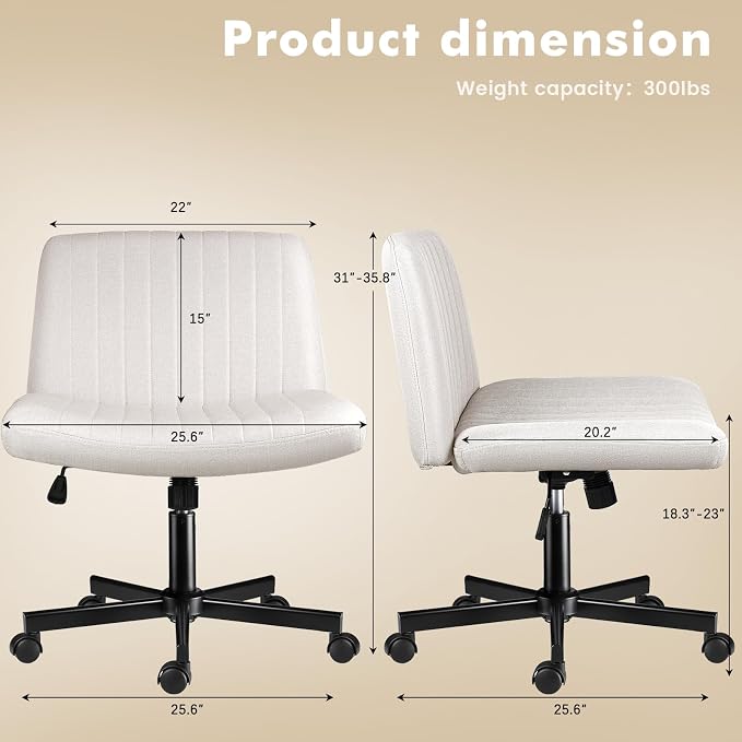 LEMBERI Criss Corss Chair with Wheels, Armless Wide Cross Legged Office Desk Chairs, Fabric Rocking Swivel Computer Task Vanity Makeup Chair for Home Office
