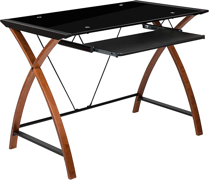 EMMA + OLIVER Black Glass Computer Desk with Pull-Out Keyboard Tray and Crisscross Frame