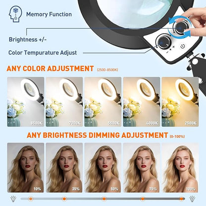 KIRKAS 12X & 30X Magnifying Glass with Light and Stand, Extra-Long Arm Magnifying Lamp Overhead Knob for Workbench, Craft, LED Lighted Magnifier Real Glass Lens Stepless Dimming and Color(35in Clamp)