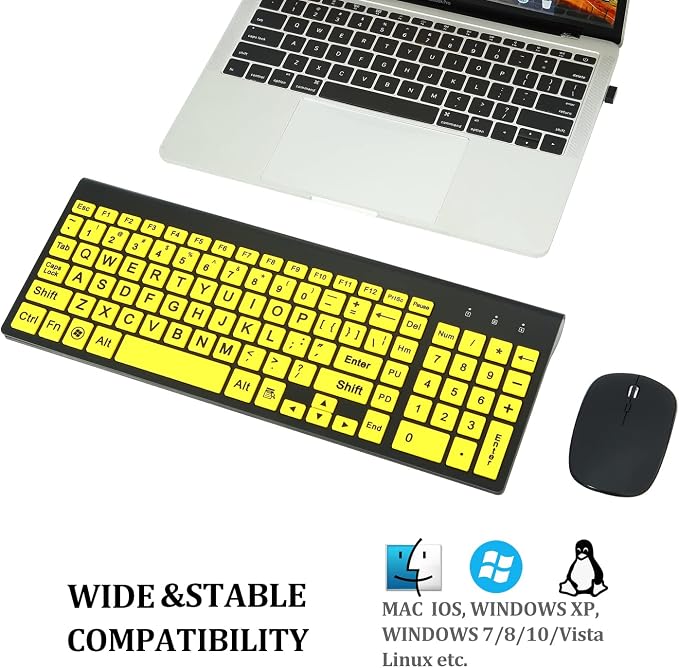 Full Size Large Print 2.4g Wireless Keyboard and Mouse with Oversized Print for Visually Impaired Low Vision Individuals (Yellow)