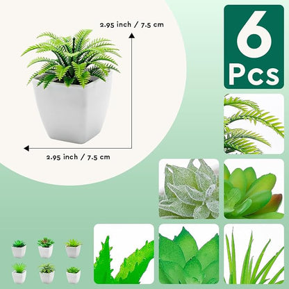 6pcs Mini Artificial Succulents in Pot, Fake Potted Succulent Plant | lifelike faux small greenery succulent bulk set, assorted plastic succulent plants, office desk bedroom shelf home decoration