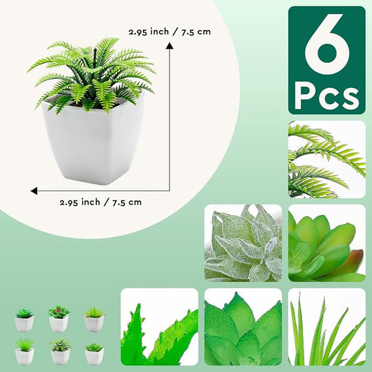 6pcs Mini Artificial Succulents in Pot, Fake Potted Succulent Plant | lifelike faux small greenery succulent bulk set, assorted plastic succulent plants, office desk bedroom shelf home decoration