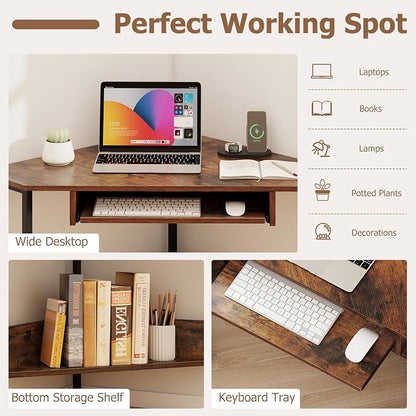 Tangkula Corner Desk with Keyboard Tray, 90-Degree Triangle Corner Computer Desk for Small Space, Industrial Writing Desk with Storage Shelf, Space-Saving Laptop PC Desk (Rustic Brown)