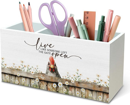 DILSJ Inspirational Chicken Pen Pencil Holder Organizer for Desk, Chicken Lovers Gifts for Women, Live Like Someone Left The Gate Open Wooden Box Signs for Home Office Desk Tabletop Decoration
