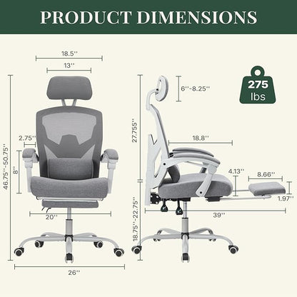 Ergonomic Office Chair with Footrest, High Back Home Desk Computer Chair with Lumbar Support & Headrest, 90-135° Reclining Mesh Back with Wheels for Work, Gaming, Grey