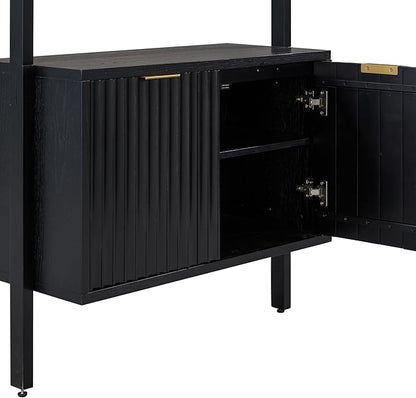 Nathan James Jasper 3-Shelf Solid Wood Boho Bookshelf, Wall Mounted Bookshelf with Cabinet with Fluted Doors, Black Oak, Set of 4
