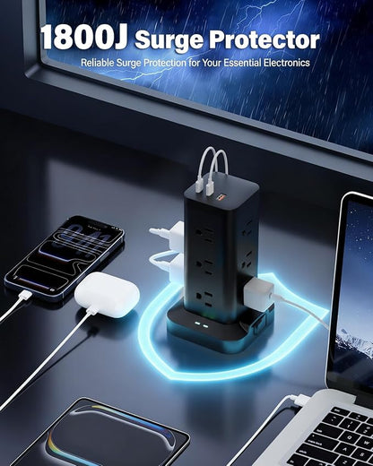 2Pack Power Strip Tower with Surge Protector 1800J, Fast Charging Tower PD20W USB-C Ports with 12 AC Outlets, 10ft Extension Cord for Home Office Dorm Room, Black