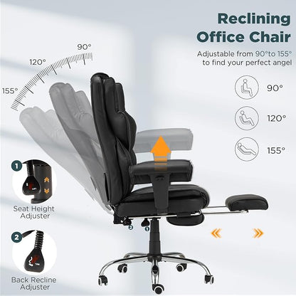 HOMREST Ergonomic Executive Chair with 6-Point Vibration & Heat, Reclining PU Leather Big & Tall Desk Chair, Retractable Footrest & Adjustable Armrest for Home Office Gaming Study, Black