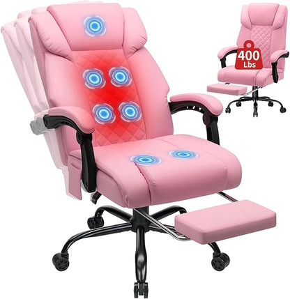 HOFFREE Massage Office Chair with Heat 7 Points Vibration Ergonomic Executive Office Chair with Footrest Reclining High Back Home Office Desk Chairs Light Pink