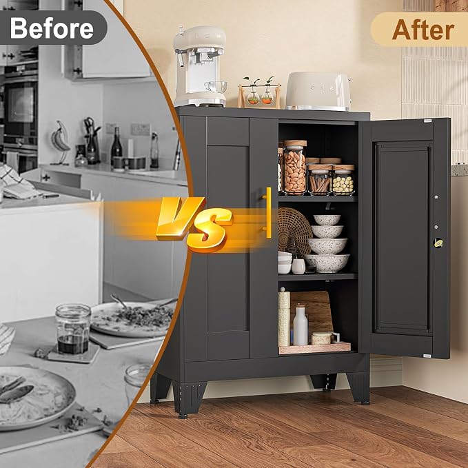 36" Metal Garage Storage Cabinet with Lock,Lockable Office File Cabinet with 2 Doors and 2 Adjustable Shelves,Outdoor Steel Locker Organizer for Home Office,Gym,School,Warehouse(Black)