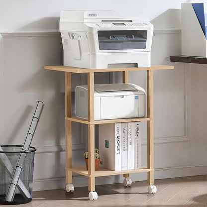 YUFAM 3 Tier Home Printer Stand with Storage, Wooden Mobile Printer Table Shelf, Rolling Printer Cart Shelf with Lockable Wheels fit Fax Machine, Scanner, Natural