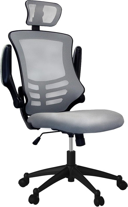 Modern High Back Mesh Executive Chair With Headrest And Flip Up Arms. Color: Silver Grey