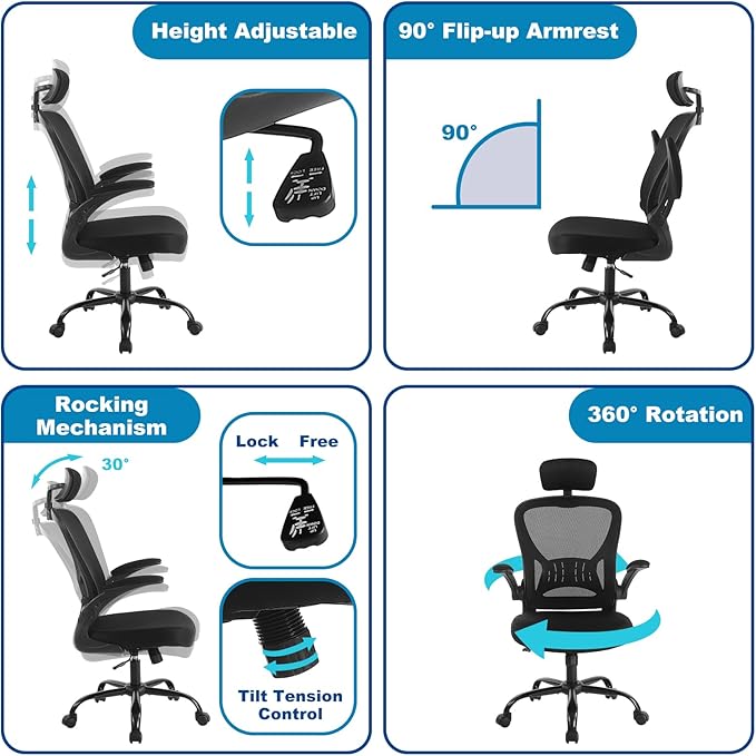 Youhauchair Mesh Office Chair, Ergonomic Computer Chair with Flip-up Arms and Lumbar Support, Height Adjustable Home Office Desk Chairs