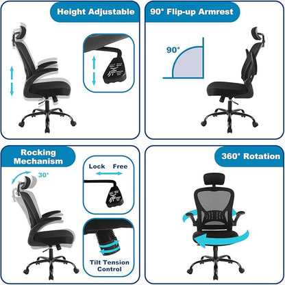Youhauchair Mesh Office Chair, Ergonomic Computer Chair with Flip-up Arms and Lumbar Support, Height Adjustable Home Office Desk Chairs