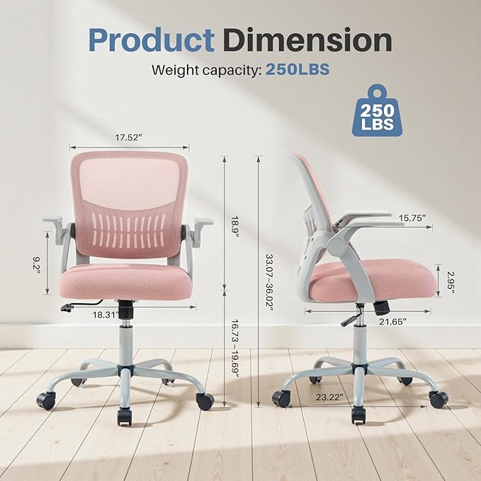 Sweetcrispy Home Office Managerial Executive Chair, Flip Up Armrest Ergonomic Mesh Adjustable Swivel Mid-Back Computer Desk Chair with Comfortable Lumbar Support, Comfy Arms for Bedroom,Study