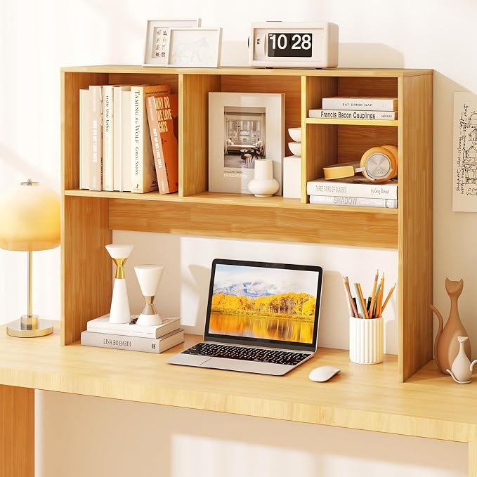 GOFLAME 4 Cubes Desktop Bookshelf, 37” Tabletop Wood Desk Shelf for Computer Monitor, Modern Countertop Desk Display Hutch Storage Organizer Shelf for Home Office, Dorm, Study, Burlywood