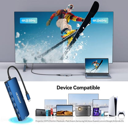 USB C Hub, 9-in-1 Multi-Port USB Adapter, 4K@60Hz HDMI, 100W Max PD, 3 USB3.0(5Gbps) + 2 USB2.0 Data Ports, SD/TF Card Reader for MacBook, iPad Pro, Dell, HP, Lenovo, Windows Laptop, Blue