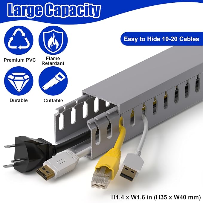 ZhiYo H1.4 W1.6 in Server Rack Cable Management Raceway, 66in (4X L16.5in) Cable Raceway Kit, Electrically Safe PVC Open Slot Wire Cord Hider for Under Desk/Computer/Network Cords, Gray