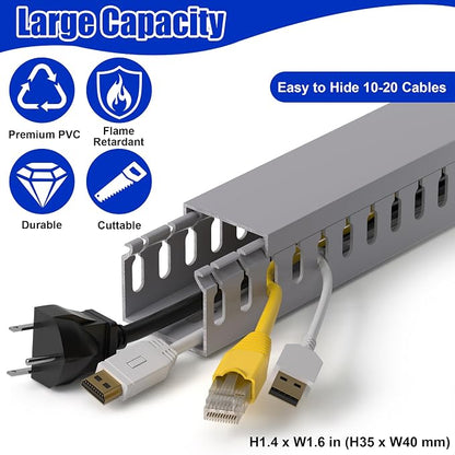 ZhiYo H1.4 W1.6 in Server Rack Cable Management Raceway, 66in (4X L16.5in) Cable Raceway Kit, Electrically Safe PVC Open Slot Wire Cord Hider for Under Desk/Computer/Network Cords, Gray