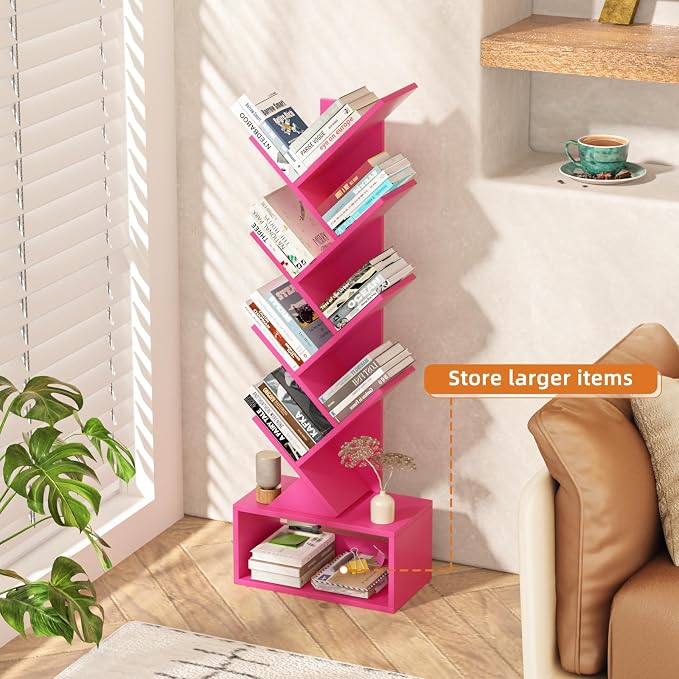 SHEEPAM 9 Tier Tree Bookshelf,Christmas Green Bookcase for Narrow Space, Storage Organizer Floor Standing Bookshelves for Books, Tall Book Case for Home Office, Living Room, Bedroom