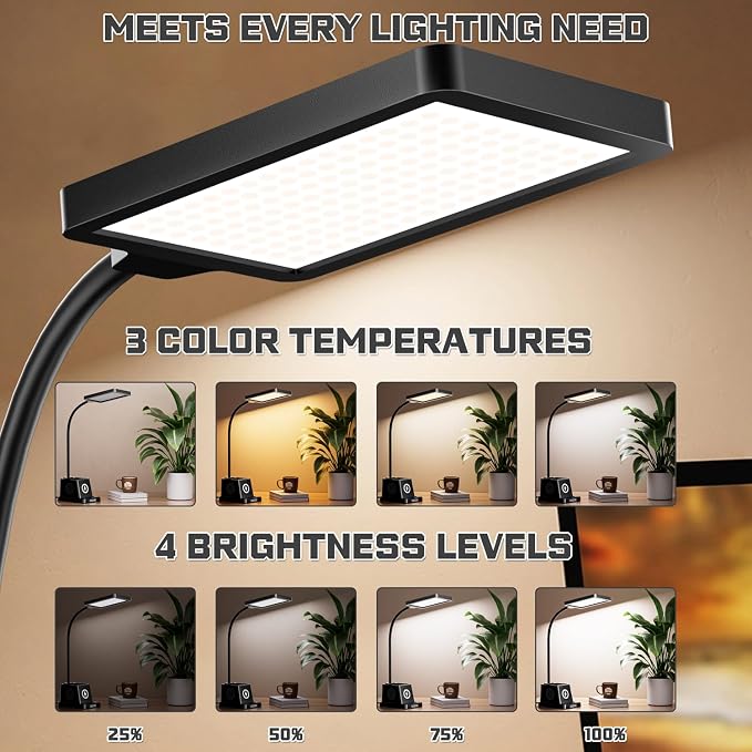 cozoo LED Desk Lamp for Home Office, Desk Light with 15W Wireless Charger Pen Holder, 12 Lighting Modes Desk Lamp for Bedroom, Small Table Lamp for College Dorm, Study, Craft, Nail, Black