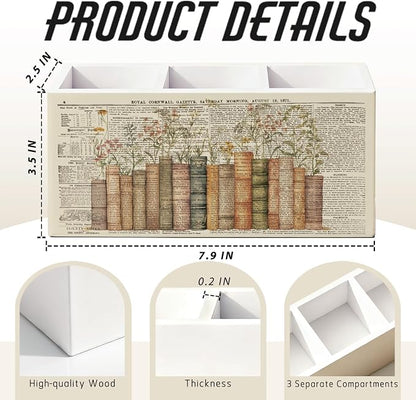 Vintage Book Floral Pen Pencil Holder for Desk, Book Lovers Reader Gifts, Reading Corner Nook Decor, Bookish Wooden Box Sign Decorations for Reading Room Classroom Bedroom Desk Tabletop