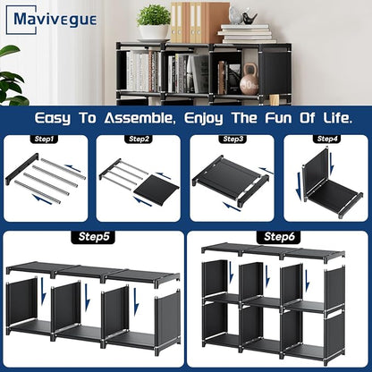 Mavivegue Book Shelf, Cube Storage Organizer, DIY Bookcase, Metal Bookshelf,Tall Book case for Bedroom, Living Room,Office,Closet, Cubicle Rack (6-Grid,Black）