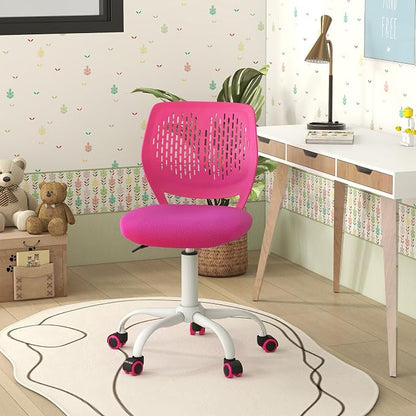 POWERSTONE Small Home Office Desk Chair, Swivel Rolling Study Computer Chair, Adjustable Height Task Chair with Armless Mid Back, Upholstered Mesh Seat, Rose