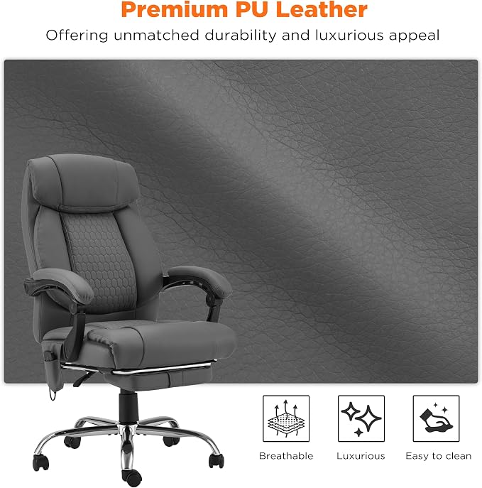 HOMREST 4-Point Massage Office Chair with Heating and Footrest, Reclining Executive Leather Desk Chair, Ergonomic Heated Managerial Chair for Home Office, Grey