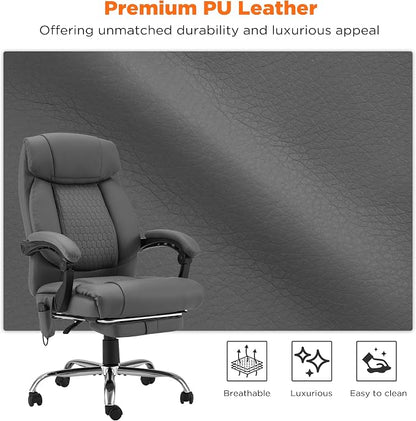 HOMREST 4-Point Massage Office Chair with Heating and Footrest, Reclining Executive Leather Desk Chair, Ergonomic Heated Managerial Chair for Home Office, Grey