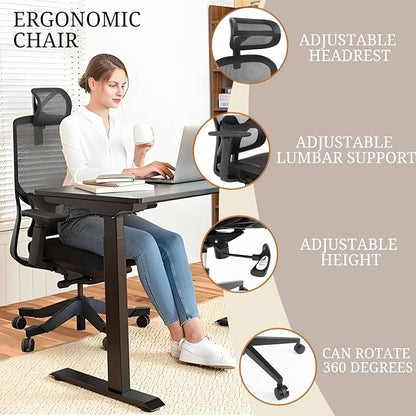 Ergonomic mesh Office Chair with Lumbar Support - Adjustable seat Height to Relieve Back Pain, Suitable for Comfortable Work and Gaming at Home (Black 1)