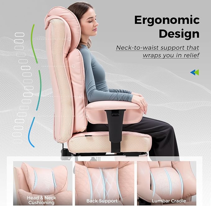 GTPLAYER Big and Tall Office Chair, Wide Ergonomic Gaming Chair with Deluxe Embossing Designed Leather with Foot Rest,150°Reclining Adjustable Soft Armrests Pocket Spring Back Support and Pillow