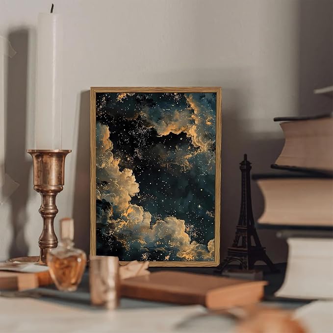 Dark Academia Cloud Wall Art, Vintage Moody Celestial Canvas Wall Decor Paintings, Maximalist Gold Night Sky Stars Aesthetic Posters Prints Pictures for Living Room Bedroom Home Decor 12x16 In Framed