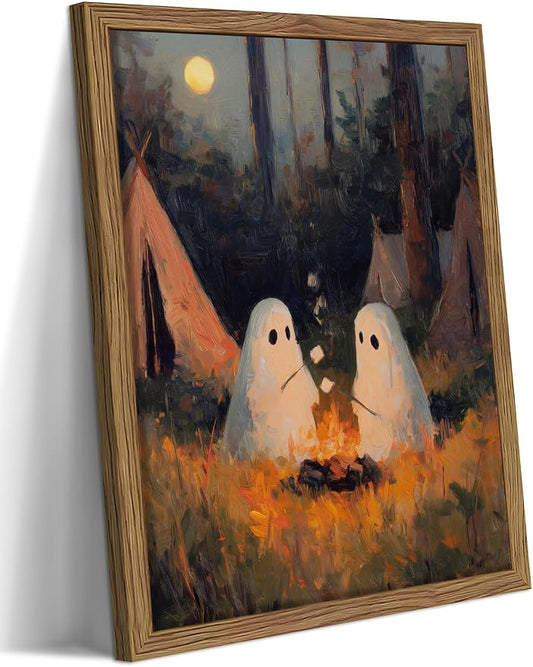 Framed Vintage Halloween Wall Art, Camping Ghosts Cozy Fireplace Canvas Prints, Gothic Whimsigoth Decor Cute Spooky Poster, Farmhouse Halloween Wall Decor, Ready to Hang 8x10in Wood Frame
