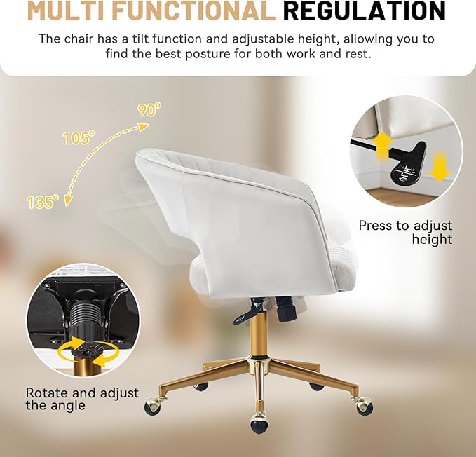 Home Office Desk Chair, Vanity Chair with Back 360 Swivel Armchair and Gold Base, Velvet Criss Cross Chair with Wheels for Vanity Home Office, Living Room, Bedroom and Study (Beige)