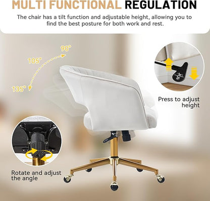 Home Office Desk Chair, Vanity Chair with Back 360 Swivel Armchair and Gold Base, Velvet Criss Cross Chair with Wheels for Vanity Home Office, Living Room, Bedroom and Study (Beige)