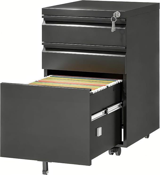 3 Drawer Metal File Cabinet with Lock, Fully Assembled Mobile Filing Cabinet on Wheels, Under Desk Office Storage Organizer for Letter/Legal/A4 Files, Black