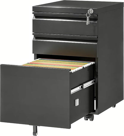 3 Drawer Metal File Cabinet with Lock, Fully Assembled Mobile Filing Cabinet on Wheels, Under Desk Office Storage Organizer for Letter/Legal/A4 Files, Black