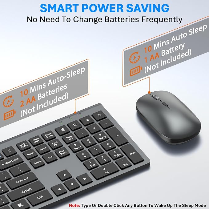 Wireless Keyboard and Mouse Combo, Full Size Keyboard and Mouse, Long Battery Life, Optical Mouse, 2.4G Lag-Free Cordless Mice Keyboard Set Ultra Slim Design for Computer, Laptop, PC, Mac (Gray Black)