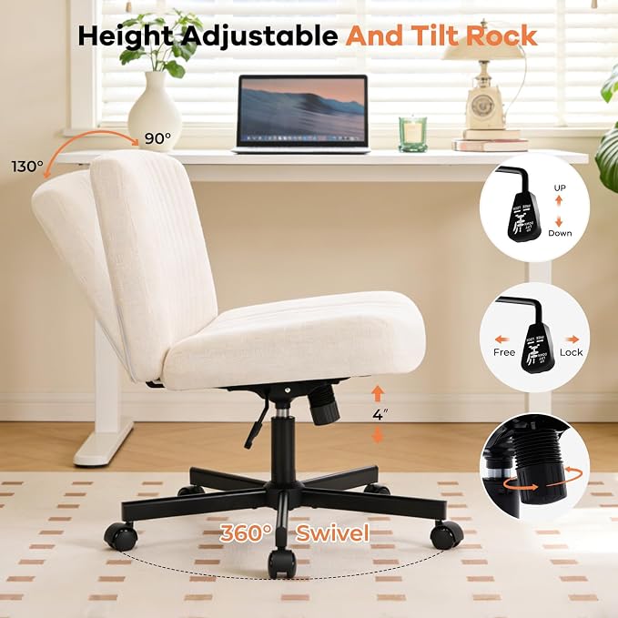 Convertible Base Criss Cross Office Chair with Pocket Springs & Thicker and Wider Cushions, Armless Criss Cross Chair Relieves Back Pain, Swivel Vanity Chair for Living Room/Office, White
