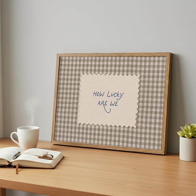 How Lucky Are We Wall Art Framed Canvas, Vintage Gingham Quote Print, Trendy Preppy Aesthetic Stripe Inspirational Wall Decor for Bedroom Dorm Apartment 8x10 Inch