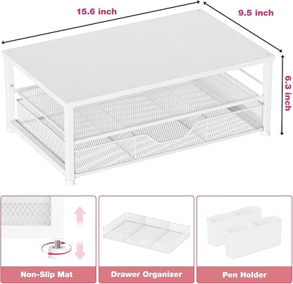 OPNICE Desk Organizers and Accessories, 2-Tier Computer Monitor Stand Riser with Drawer and 2 Pen Holders, Laptop Stand, Office Desk Accessories for Office Supplies, White Wood