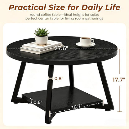 Round Coffee Table for Living Room, 27.6“ Circle Coffee Table, 2-Tier Industrial Coffee Tables with Storage, Wood Coffee Table, Modern Accent Table for Apartment, Office, Small Space, Black