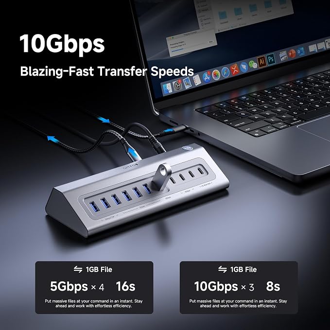 Giftos Powered USB Hub, 18 in 1 USB 3.2 Hub with 4K HDMI, PD 100W,45W Charge,10Gbps USB,SD/TF,Audio, 65W Adapter,3.3FT Cable,Aluminum,Smart Button, USB Hub for Mac, Mac mini, iMac,iPhone 17/16,iPad