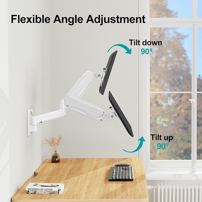 MOUNT PRO Dual Monitor Wall Mount for 13 to 32 Inch Computer Screens, Gas Spring Wall Monitor Arm for 2 Monitors, Each Holds Up to 19.8lbs, Adjustable Wall Monitor Mount with VESA 75x75/100x100, White