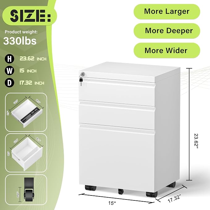 Crownland Office Mobile File Cabinet with Lock, Metal Filing Cabinets with 3 Drawers for Home Office, Lockable File Cabinet for Legal/Letter/A4/F4 Size(White)