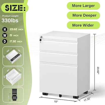Crownland Office Mobile File Cabinet with Lock, Metal Filing Cabinets with 3 Drawers for Home Office, Lockable File Cabinet for Legal/Letter/A4/F4 Size(White)